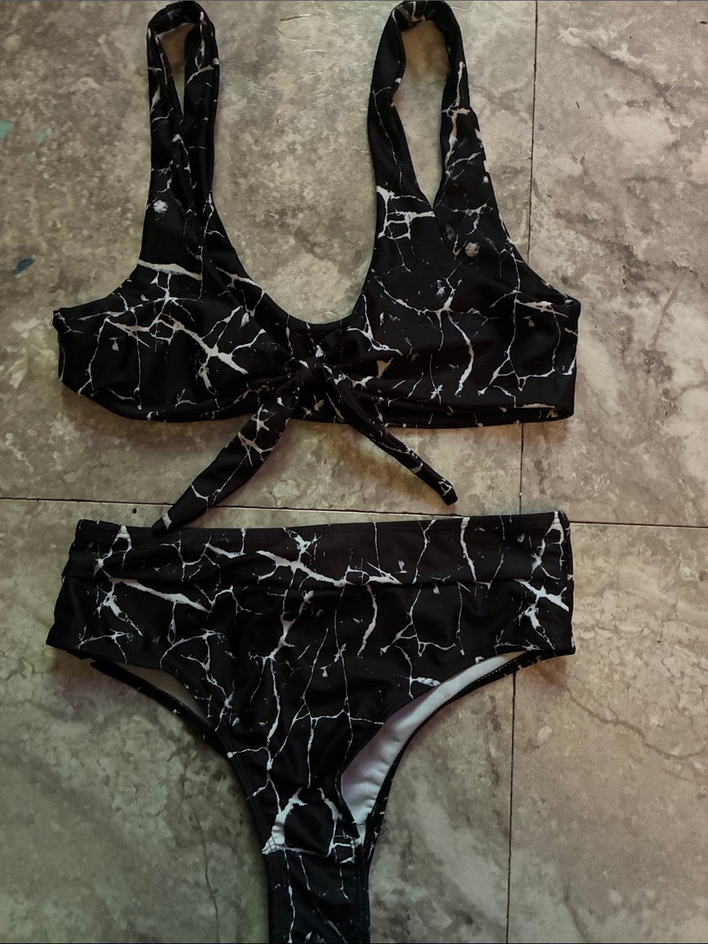 Zaful Black and White Marble Tie-Front Bikini
